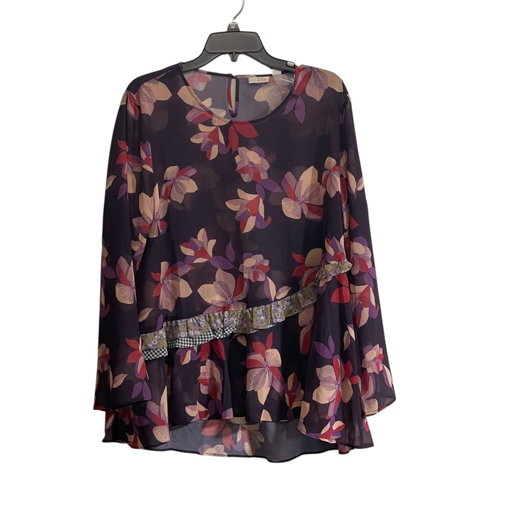 LOGO Lori Goldstein Blouse Med Purple Floral Sheer Ruffle Trim Dark Romantic